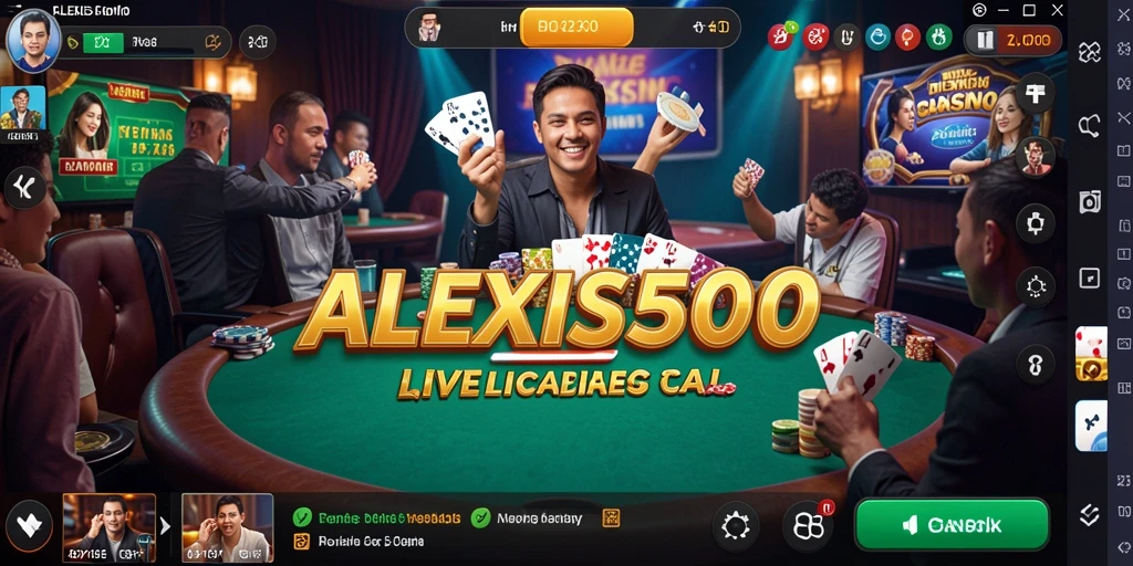 Screenshot gameplay ALEXIS500 menampilkan dealer langsung dan interaksi pemain.
