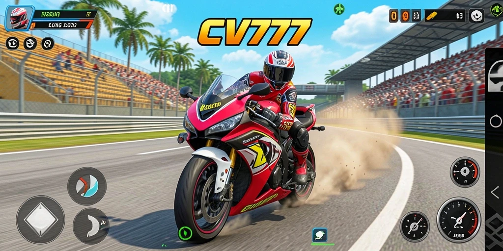 Screenshot utama CV777 menampilkan aksi cepat balap motor.