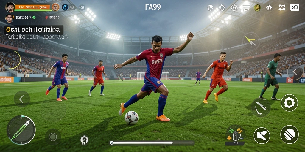 Tampilan gameplay yang menegangkan dalam FA99 saat pertandingan olahraga.