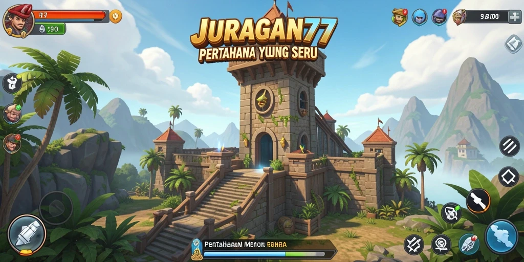 Screenshot gameplay JURAGAN77 yang menunjukkan menara mempertahankan wilayah.