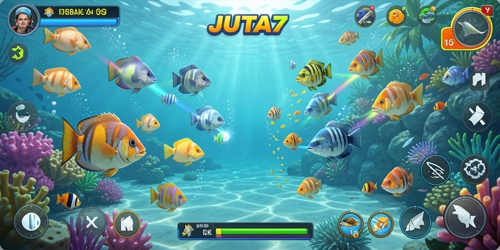 Tampilan gameplay JUTA7 saat menembak ikan di lautan.