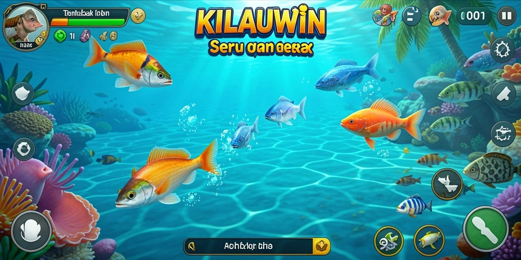 Screenshot gameplay KILAUWIN menampilkan aksi menangkap ikan di bawah laut.