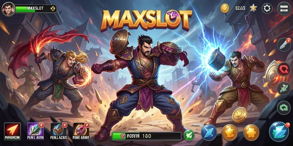Screenshot menunjukkan pertarungan epik dalam MAXSLOT dengan efek visual menakjubkan.